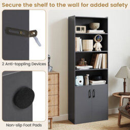 Costway 178 Cm Bookcase W/ 2-Door Cabinet 6-Tier Modern Storage Cabinet-Grey - thumbnail 5