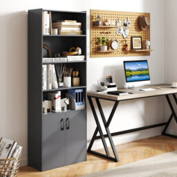 Costway 178 Cm Bookcase W/ 2-Door Cabinet 6-Tier Modern Storage Cabinet-Grey - thumbnail 1