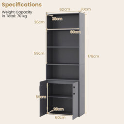 Costway 178 Cm Bookcase W/ 2-Door Cabinet 6-Tier Modern Storage Cabinet-Grey - thumbnail 2