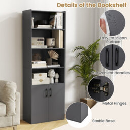 Costway 178 Cm Bookcase W/ 2-Door Cabinet 6-Tier Modern Storage Cabinet-Grey - thumbnail 8
