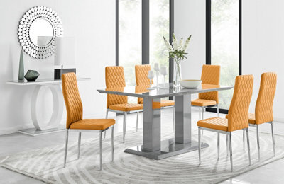 Furniturebox Imperia Grey High Gloss 6 Seater Dining Table With Structural 2 Plinth Column Legs 6 Mustard Stitched Faux Leather Milan Chairs - image 1