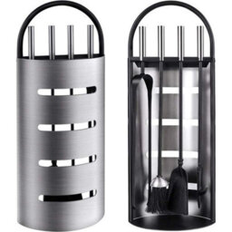 Livivo 5 Piece Fireplace Tools Set Heavy Duty Steel Companion Kit With Stand Tongs Brush Shovel And Poker Silver