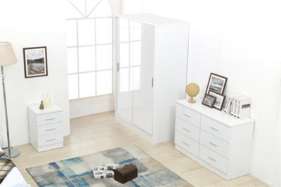 Reflect 2 Door Sliding Wardrobe, 6 Drawer Wide Chest, 3 Drawer Bedside - White Gloss & Matt White - Modern Bedroom Furniture Set - image 1