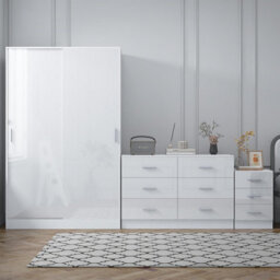 Reflect 2 Door Sliding Wardrobe, 6 Drawer Wide Chest, 3 Drawer Bedside - White Gloss & Matt White - Modern Bedroom Furniture Set - thumbnail 4