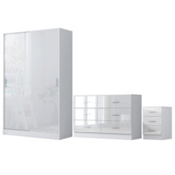 Reflect 2 Door Sliding Wardrobe, 6 Drawer Wide Chest, 3 Drawer Bedside - White Gloss & Matt White - Modern Bedroom Furniture Set - thumbnail 5