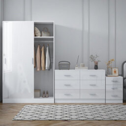 Reflect 2 Door Sliding Wardrobe, 6 Drawer Wide Chest, 3 Drawer Bedside - White Gloss & Matt White - Modern Bedroom Furniture Set - thumbnail 3