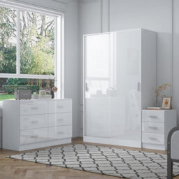 Reflect 2 Door Sliding Wardrobe, 6 Drawer Wide Chest, 3 Drawer Bedside - White Gloss & Matt White - Modern Bedroom Furniture Set - thumbnail 2