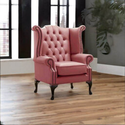 Chesterfield High Back Wing Chair Shelly Brick Red Leather Bespoke In Queen Anne Style - thumbnail 3