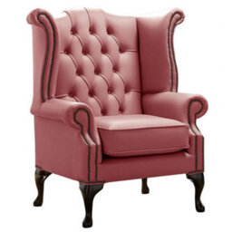 Chesterfield High Back Wing Chair Shelly Brick Red Leather Bespoke In Queen Anne Style - thumbnail 1