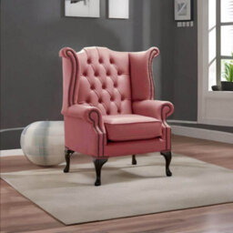 Chesterfield High Back Wing Chair Shelly Brick Red Leather Bespoke In Queen Anne Style - thumbnail 2
