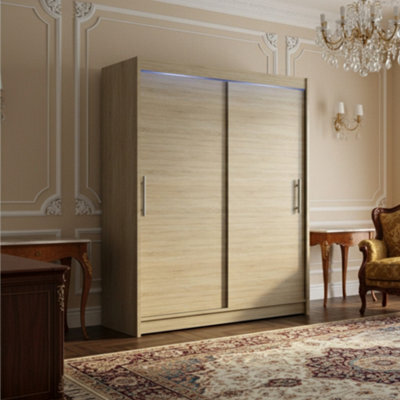 Galeria Modern Sliding Door Wardrobe 150Cm With Led Lighting In Sonoma Oak - image 1