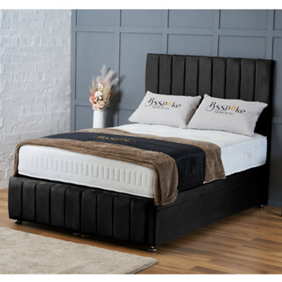 Bsspoke Divan Ottoman Bed In Black Plush Velvet Upholstered 54Inch Panel Headboard & Footboard Free Mattress 3Ft 4Ft 4Ft6 5Ft 6Ft - image 1