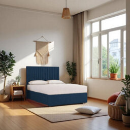 "Knight Sleep Emily Navy Plush 3Ft Bed Set With Mattress, 2 Drawers Same Side & 24""headboard - Single"