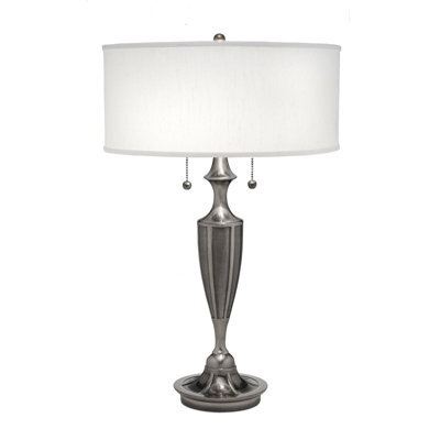 Elegant 2 Bulb Twin Table Lamp With Global White Shade And Antique Nickel Finish