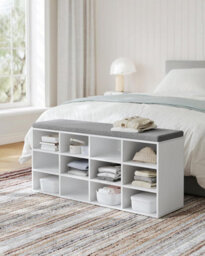Songmics Vasagle Shoe Rack Bench, Padded Seat Hallway Bench, Shoe Cabinet, 12 Spaces, Adjustable Shelves, Classic White - thumbnail 3