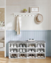 Songmics Vasagle Shoe Rack Bench, Padded Seat Hallway Bench, Shoe Cabinet, 12 Spaces, Adjustable Shelves, Classic White - thumbnail 1