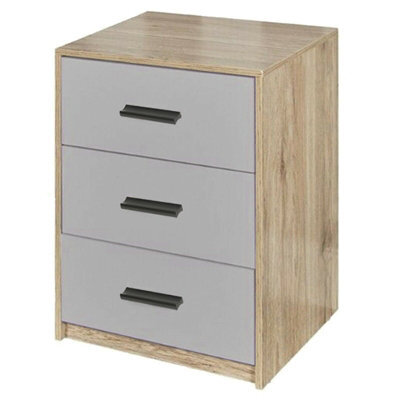 Urbn-Living Urbnliving Height 56Cm 3 Drawer Wooden Bedroom Bedside Cabinet Furniture Oak Carcass And Grey Drawers Storage Nightstand - image 1
