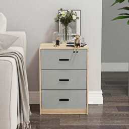Urbn-Living Urbnliving Height 56Cm 3 Drawer Wooden Bedroom Bedside Cabinet Furniture Oak Carcass And Grey Drawers Storage Nightstand - thumbnail 3