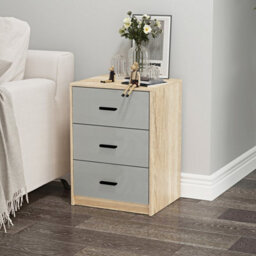 Urbn-Living Urbnliving Height 56Cm 3 Drawer Wooden Bedroom Bedside Cabinet Furniture Oak Carcass And Grey Drawers Storage Nightstand - thumbnail 2