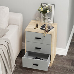 Urbn-Living Urbnliving Height 56Cm 3 Drawer Wooden Bedroom Bedside Cabinet Furniture Oak Carcass And Grey Drawers Storage Nightstand - thumbnail 4