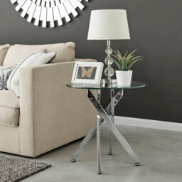 Furniturebox Novara Round Tempered Glass Side End Table With Angled Starburst Silver Chrome Metal Legs For Modern Glam Minimalist Living Room