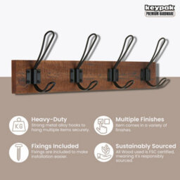 Keypak Rustic Wall Mounted Coat Rack, Industrial 4 Double-Wire Coat Hooks On 45Cm Wooden Base, Fixings Included - thumbnail 2