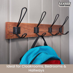 Keypak Rustic Wall Mounted Coat Rack, Industrial 4 Double-Wire Coat Hooks On 45Cm Wooden Base, Fixings Included - thumbnail 5