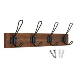 Keypak Rustic Wall Mounted Coat Rack, Industrial 4 Double-Wire Coat Hooks On 45Cm Wooden Base, Fixings Included
