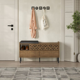 Decortie Heaton Shoe Bench Dark Oak Effect W/ Fabric Cushion Seat 3-Door Storage Cabinet 111(W)X37(D)X56.5(H)Cm Metal Legs Hallway