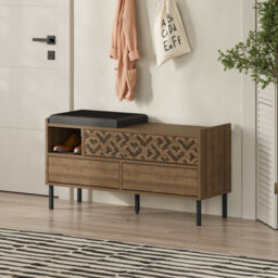 Decortie Heaton Shoe Bench Dark Oak Effect W/ Fabric Cushion Seat 3-Door Storage Cabinet 111(W)X37(D)X56.5(H)Cm Metal Legs Hallway - thumbnail 5