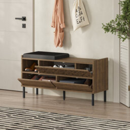 Decortie Heaton Shoe Bench Dark Oak Effect W/ Fabric Cushion Seat 3-Door Storage Cabinet 111(W)X37(D)X56.5(H)Cm Metal Legs Hallway - thumbnail 4