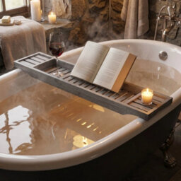 Bamboo Bathtub Caddy Tray Adjustable Bath Rack With Book Holder, Tablet Stand And Wine Glass Slot Grey - thumbnail 3