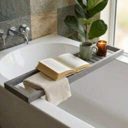 Bamboo Bathtub Caddy Tray Adjustable Bath Rack With Book Holder, Tablet Stand And Wine Glass Slot Grey - thumbnail 6