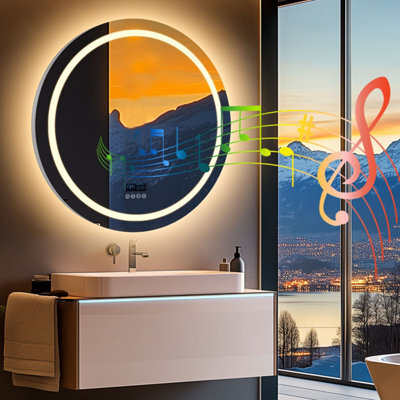 Luvodi 80Cm Round Bluetooth Led Bathroom Mirror With Clock Demister 3 Color Lights Dimmable - image 1