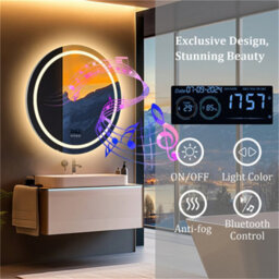 Luvodi 80Cm Round Bluetooth Led Bathroom Mirror With Clock Demister 3 Color Lights Dimmable - thumbnail 4