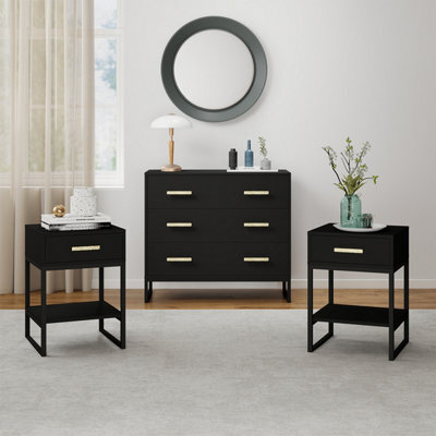 Melody Maison Large 3 Drawer Chest Of Drawers & Pair Of One Drawer Bedside Tables - Luna Black Range - image 1