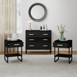 Melody Maison Large 3 Drawer Chest Of Drawers & Pair Of One Drawer Bedside Tables - Luna Black Range - thumbnail 3