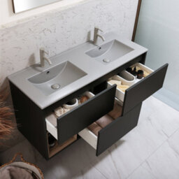 Homestylestore Black Grey 1212mm Wall Hung Bathroom Vanity Unit Led Lit Open Shelf And Pebble Basin - thumbnail 2