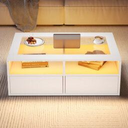 Abrihome Coffee Table With 2 Drawers & Led Lights, Modern White Centre Table With Glass Top, 100X50X35Cm - thumbnail 2