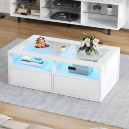 Abrihome Coffee Table With 2 Drawers & Led Lights, Modern White Centre Table With Glass Top, 100X50X35Cm - thumbnail 9