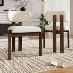 Btm Set Of 2 Solid Wood Dining Chairs, Boucle Upholstery, Walnut, For Home And Café