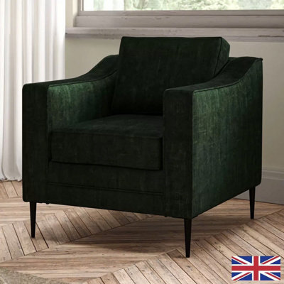 Aspen Green Velvet Armchair, Uk Made, Reversible Foam Cushions, Piped Detailing,black Metal Stiletto Legs,comfortable Lounge Chair - image 1