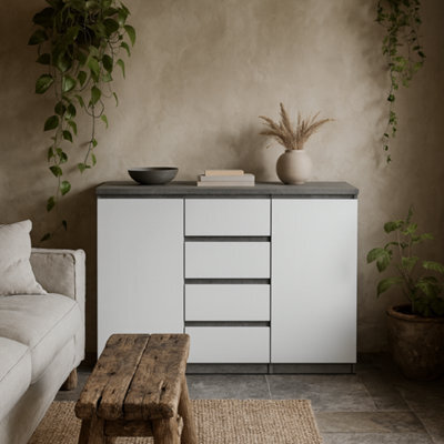 Wyld Haus Budapest Concrete-Effect Sideboard In White Gloss 4 Drawers 2 Doors - image 1