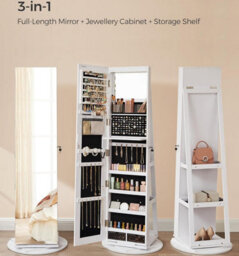 Songmics Full-Length Mirror Jewellery Cabinet With Leds, Free-Standing Frameless Design, Lockable, White Surface, Black Lining - thumbnail 1