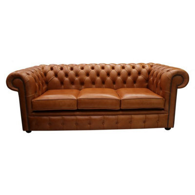 Chesterfield 3 Seater Sofa Old English Saddle Real Leather In Classic Style - image 1