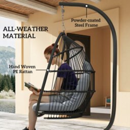 Outsunny Rattan Hanging Egg Chair With Stand, Cushion, Dark Grey - thumbnail 4