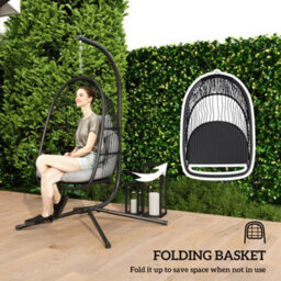 Outsunny Rattan Hanging Egg Chair With Stand, Cushion, Dark Grey - thumbnail 6