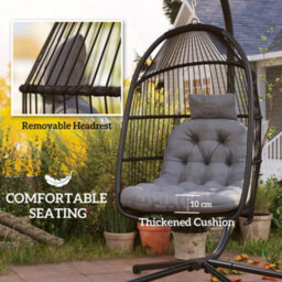 Outsunny Rattan Hanging Egg Chair With Stand, Cushion, Dark Grey - thumbnail 5