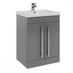 Clifton Bathroom 2-Door Floor Standing Vanity Unit With Mid Depth Ceramic Basin 600mm Wide - Storm Grey Gloss  - Brassware Not Included - thumbnail 1