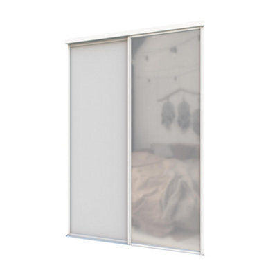 A-Class Sliding Doors Set Of 2 Light Grey & Mirror Sliding Wardrobe Door Kit, White Frame & Tracks, Opening Height (H) 225-226Cm & Width (W) 119-120Cm - image 1